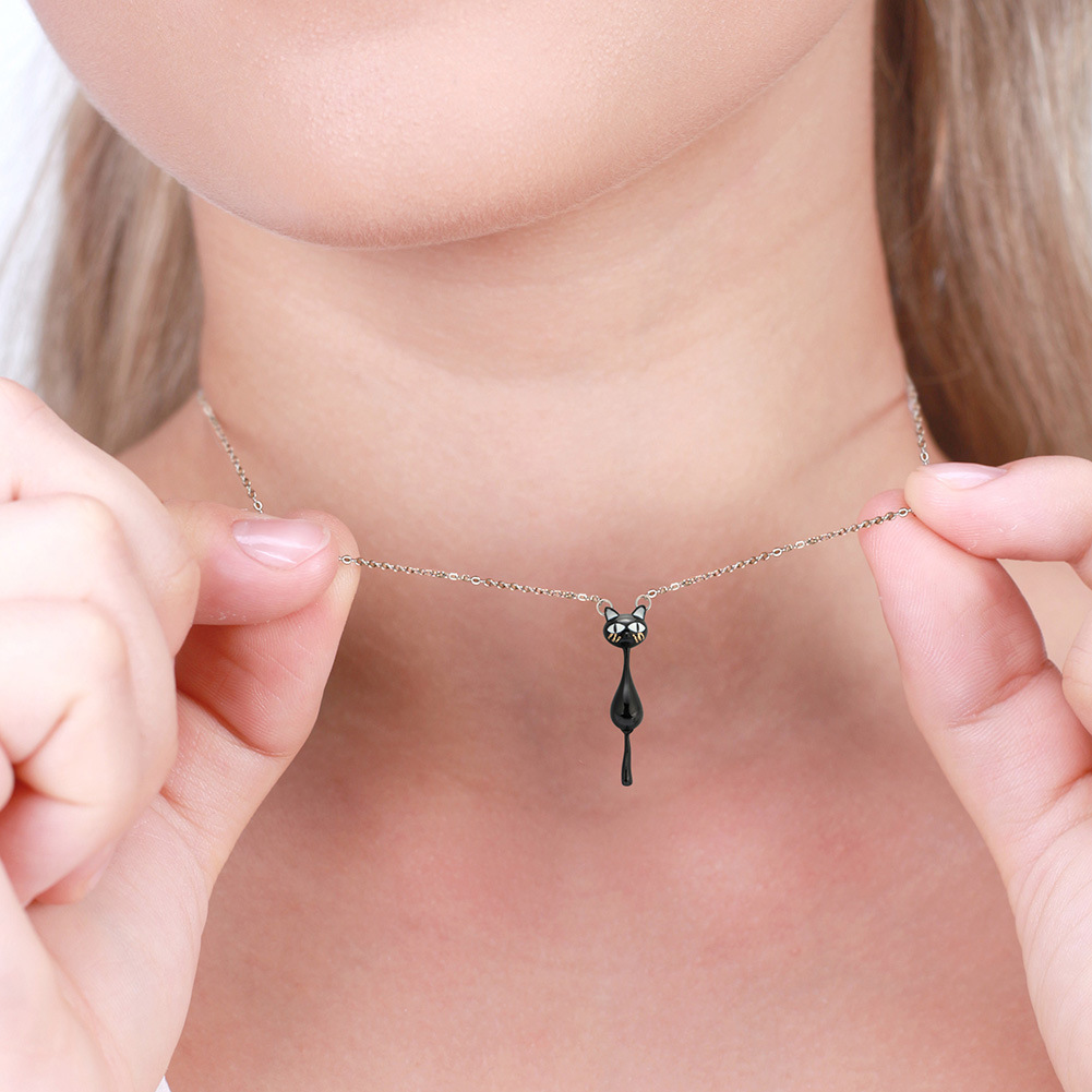 S925 sterling silver black cat necklace
