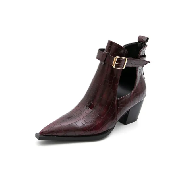 Snake print ankle boots with belt buckle Wine - Shop at LoveMi