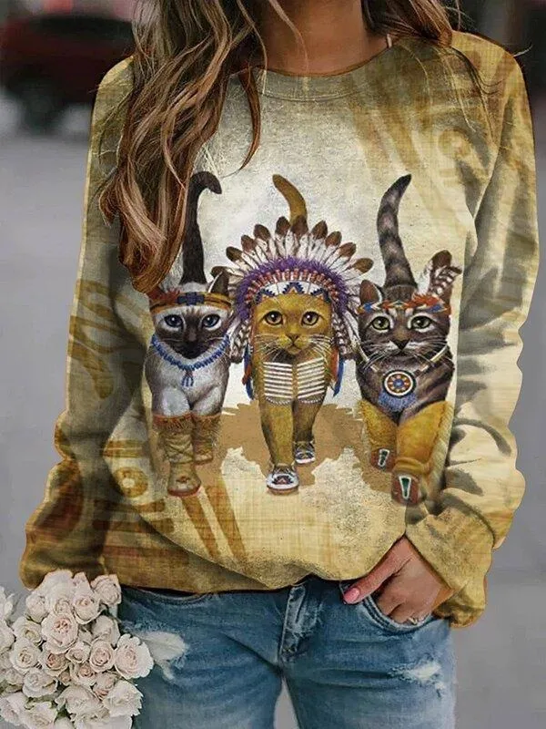 Printed kitten long-sleeved loose sweater women - Three Kittens