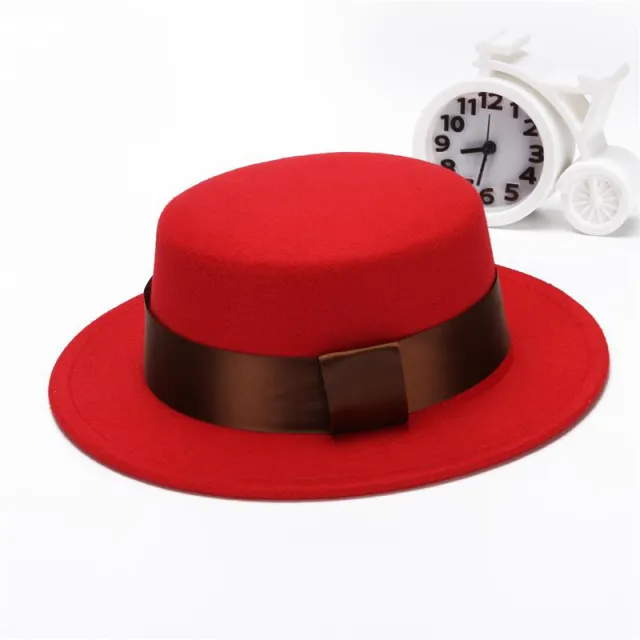 Solid color woolen top hat and flat brim hat Red - Shop at LoveMi