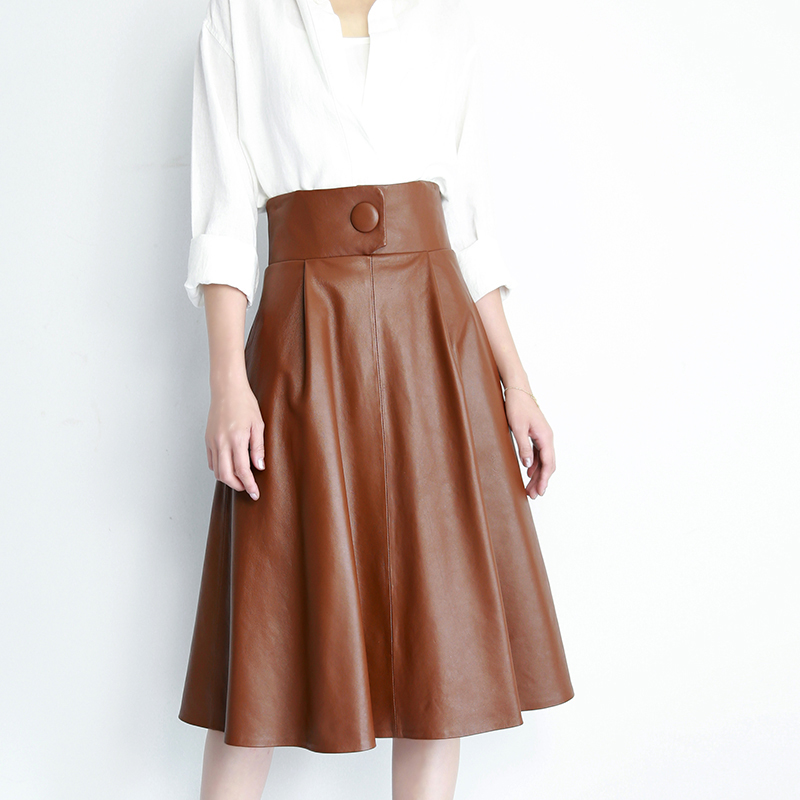 Sheep Skin High Waist Slim Mid-length Skirt Over The Knee