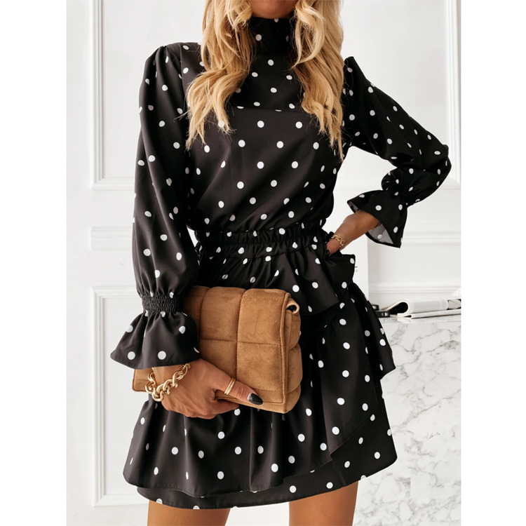Autumn And Winter Show Thin Irregular Ruffled Polka Dot Dress