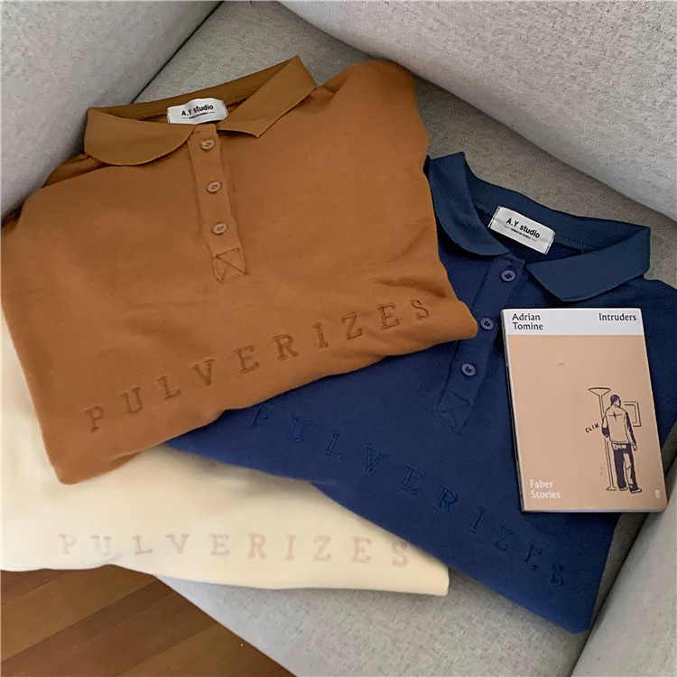 All-Match Loose Embroidery Polo Collar Long Sleeves