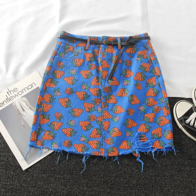 Floral strawberry high waist skirt Blue - Shop at LoveMi