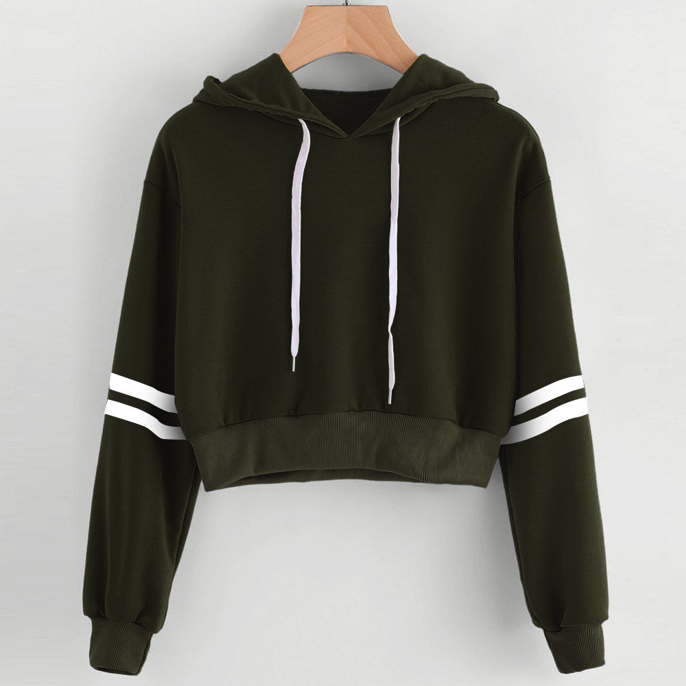 Striped printed long sleeve cropped hooded sweatshirt Short T shirt Army Green - Shop at LoveMi
