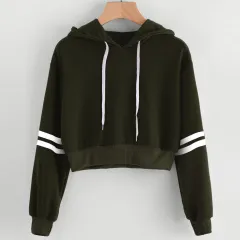 Striped printed long-sleeve cropped hooded sweatshirt Short T-shirt - Army Green - View 1