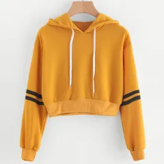 Striped printed long-sleeve cropped hooded sweatshirt Short T-shirt - Yellow - View 1