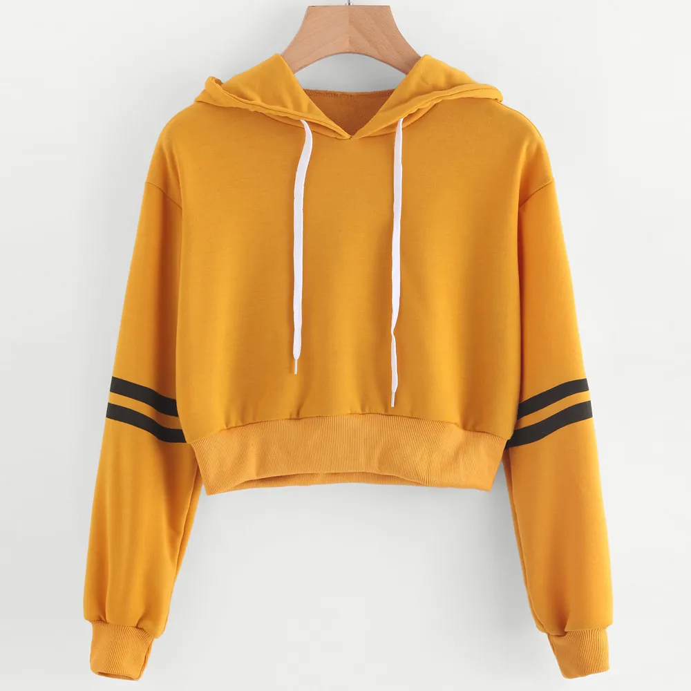 Striped printed long-sleeve cropped hooded sweatshirt Short T-shirt - Yellow