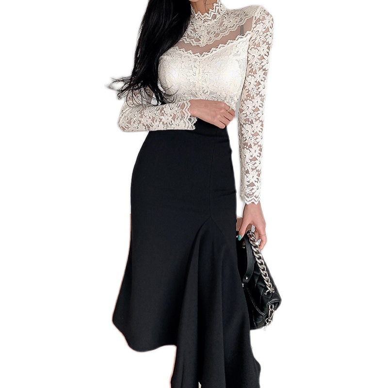 Slim Stitching Lace Blouse With Waist And Hip Skirt Suit