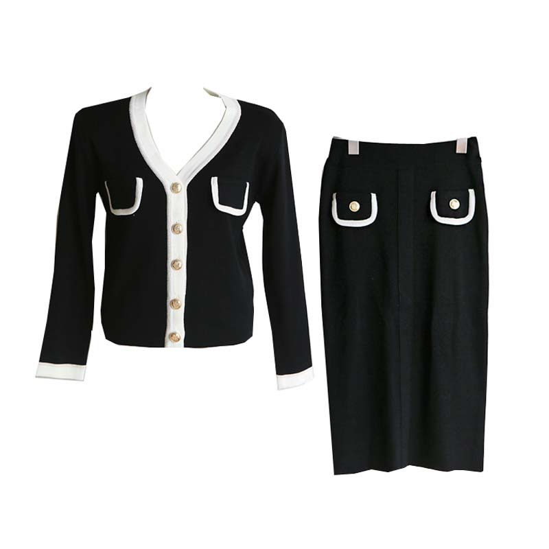 V-neck Color-Block Cardigan Small Fragrant Knit Bag Hip Skirt