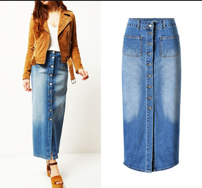 High Waist Split Long Washed Denim Skirt