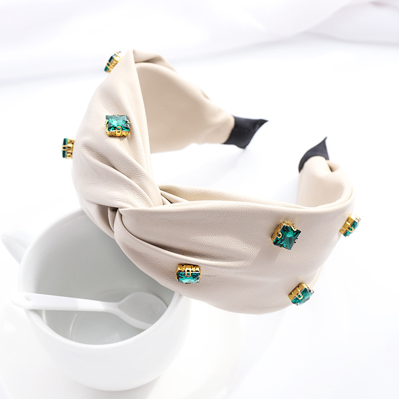 Leather Cross Knot Hairband Green Big Stone Headband Hair Accessories 23 orders White - Shop at LoveMi