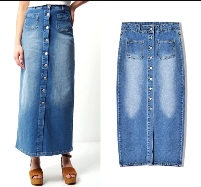 High Waist Split Long Washed Denim Skirt Blue - Shop at LoveMi