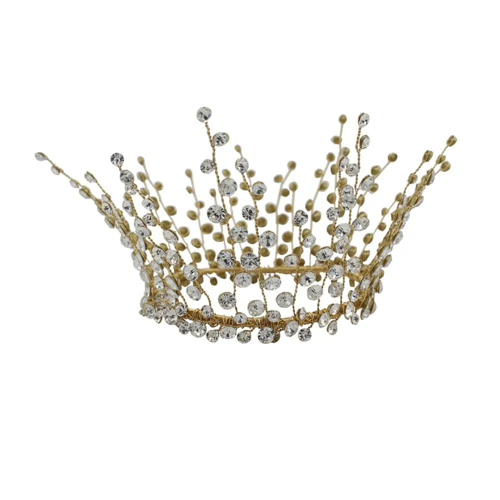 Handmade Full Diamond Bridal Crown Wedding Banquet Headdress - Gold