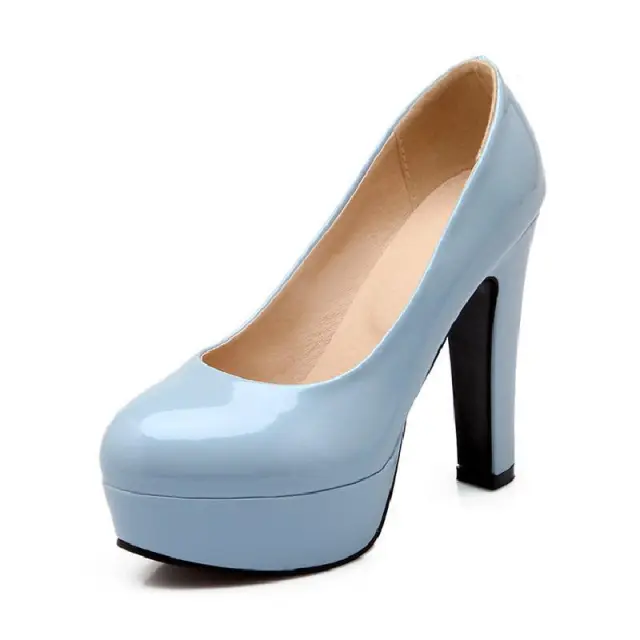 Platform patent leather shoes light brown large size Blue - Shop at LoveMi