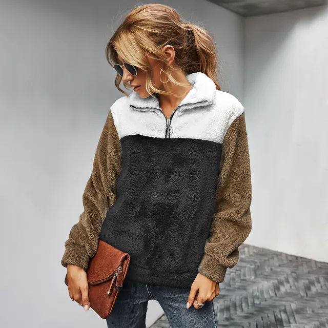 Women's lapel color blocking plus velvet sweater Black - Shop at LoveMi