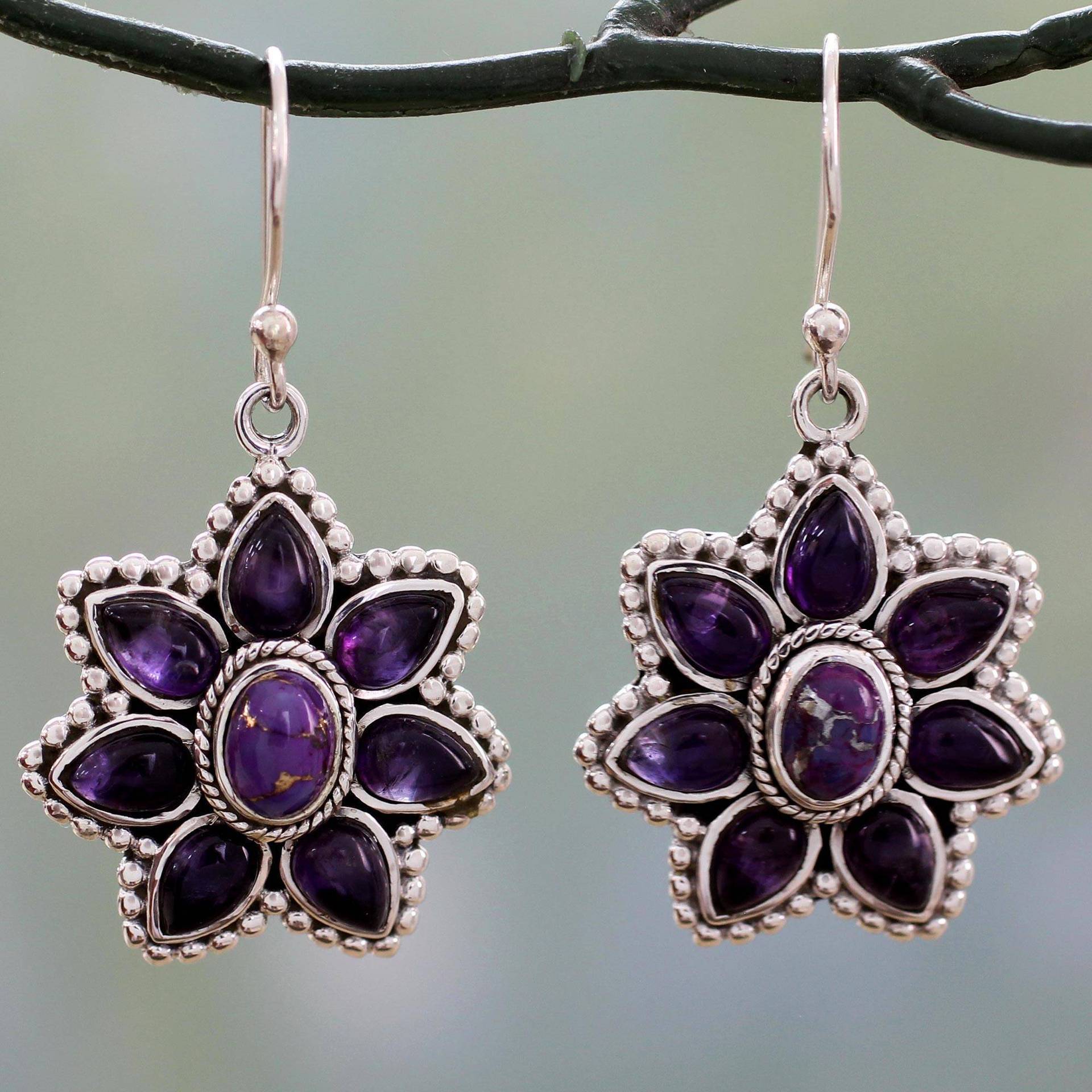 Vintage Peach Blossom Purple Turquoise Thai Silver Amethyst Petal Earrings