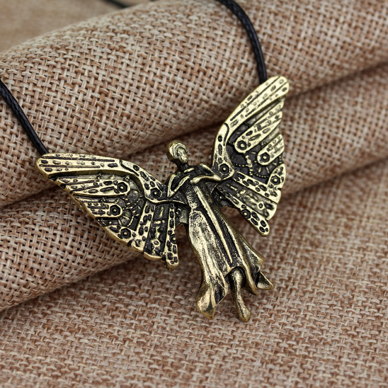Skeletal City Necklace Pendant With Angel Wings