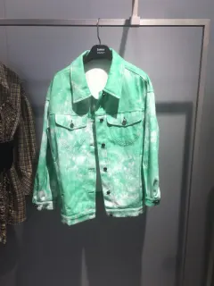 Street Hip-hop Washed Tie-dye Green Loose Denim Jacket - Green - View 1