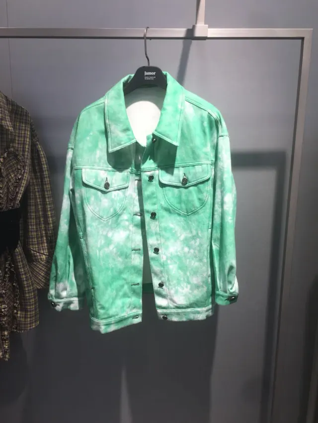Street Hip hop Washed Tie dye Green Loose Denim Jacket Green - Shop at LoveMi