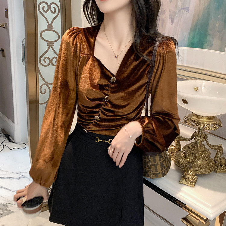 Gold Velvet Short Lace All-Match Bottoming Shirt