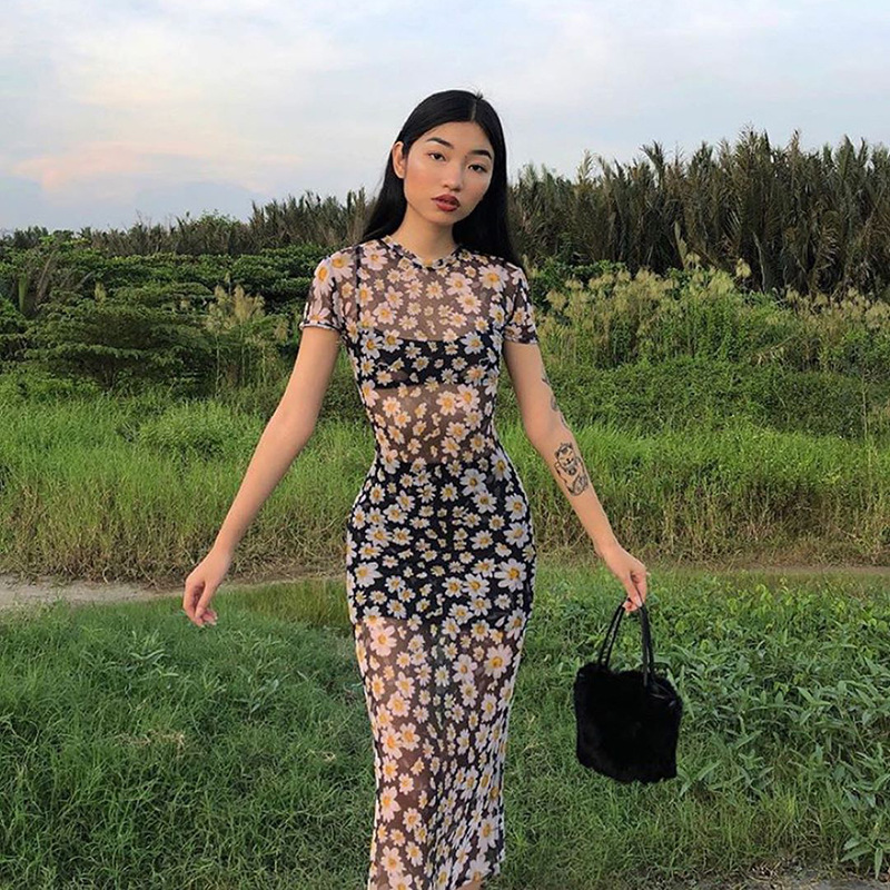 Summer women's net gauze print see-through daisy short sleeve dress