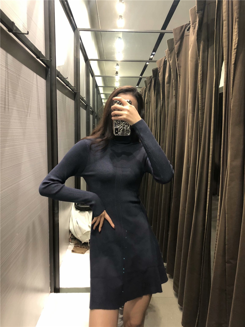 Knitted Mini Dress With High Neckline And Waist Slimming