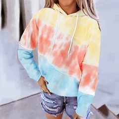 Tie-Dye Printed Sweater Loose Hooded Long Sleeve Top - Yellow - View 1
