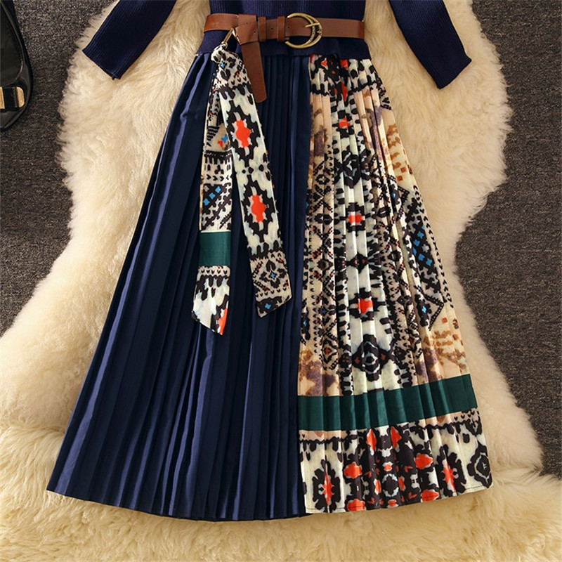 Printed Pleated Skirt Knit Patchwork Dress