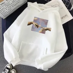 Candy Color Hoodie Sweatshirt Print Hand of God and Hand of Adam - White - View 1