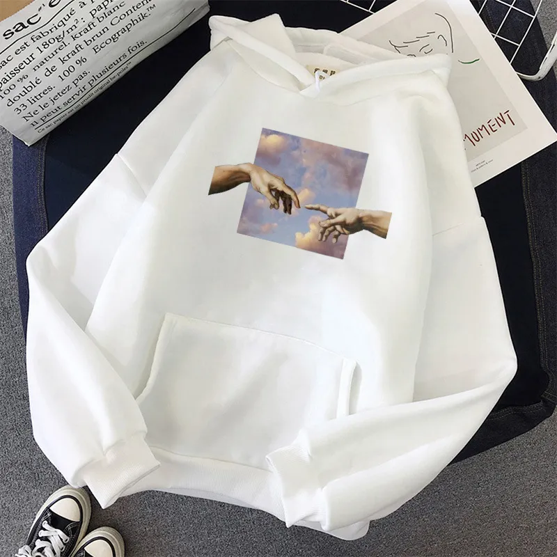 Candy Color Hoodie Sweatshirt Print Hand of God and Hand of Adam - White