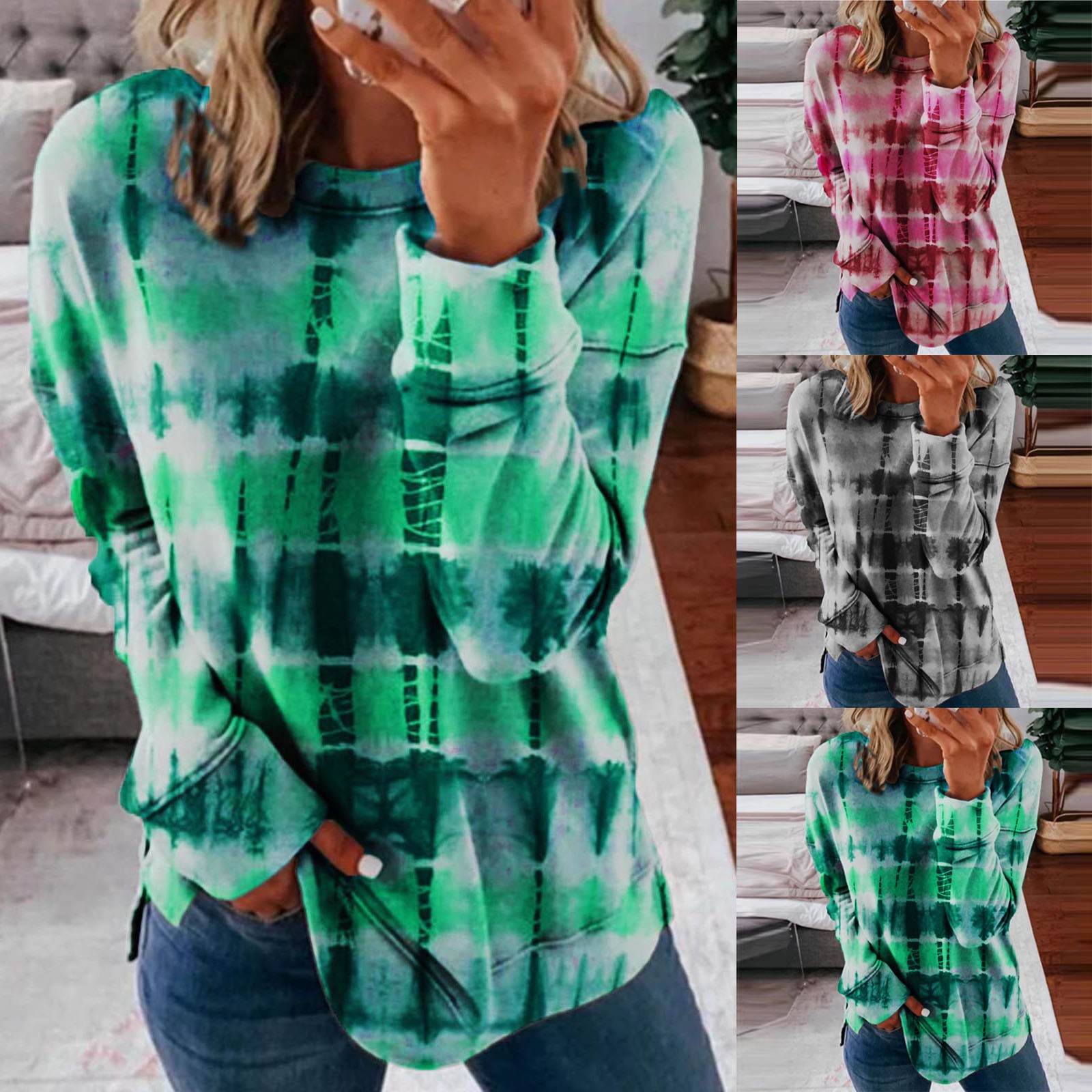 Tie-Dye Printed Long-Sleeved Loose Round Neck Sweater