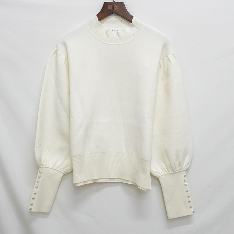 Solid Color Semi High Round Neck Puff Sleeve Casual Sweater