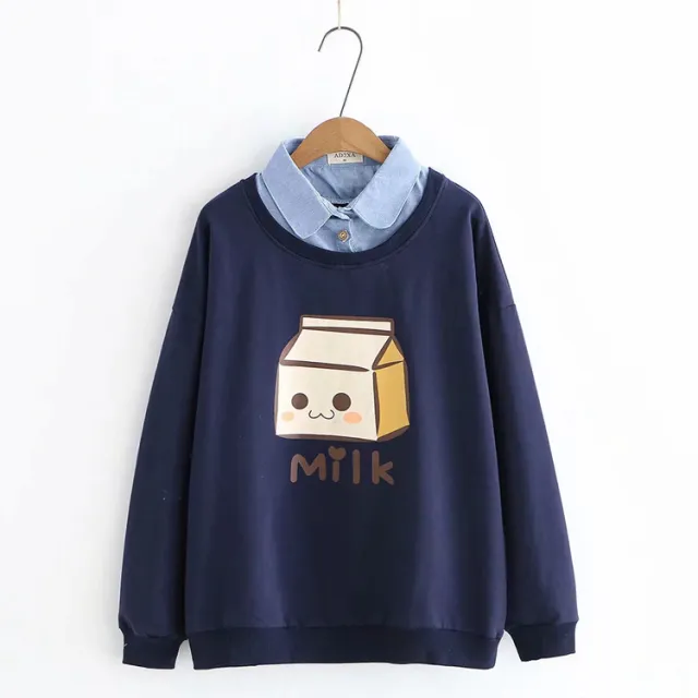 Stitching Fake Two piece Denim Collar Sweater Top Navy Blue - Shop at LoveMi