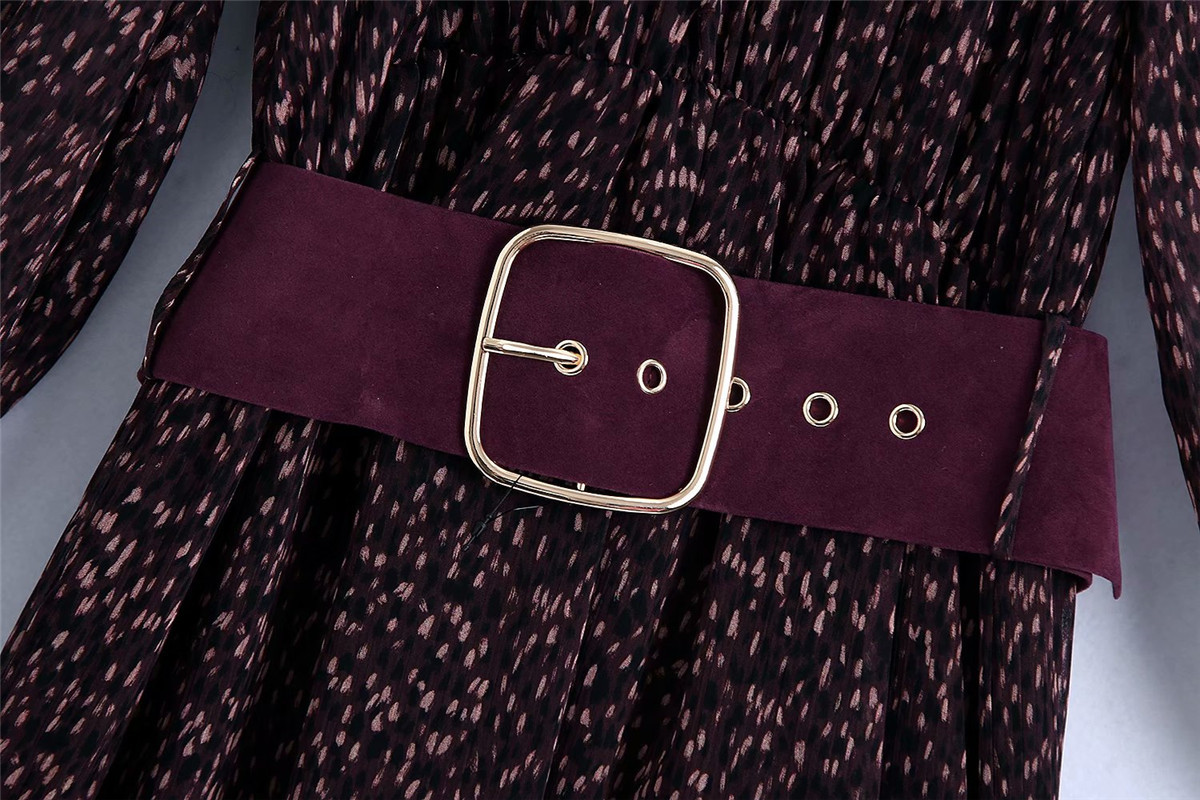 Loose Slimming Printed Long-Sleeved Midi Dress Women With Belt