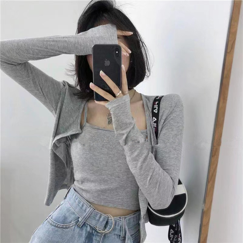 Short Suspender Vest Long Sleeved Cardigan Two-piece Set For Women