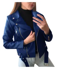 Skinny slim leather jacket motorcycle suit - Blue - View 1