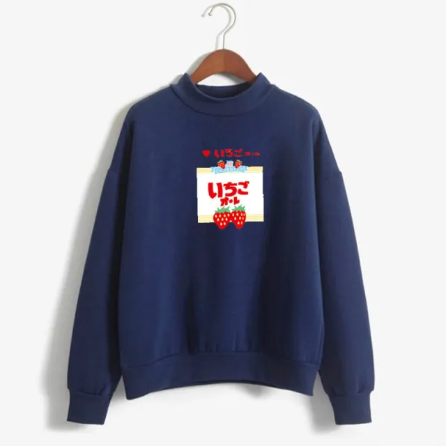 Strawberry Milk Kawaii Print Long Sleeve Sweatshirt Navy - Shop at LoveMi