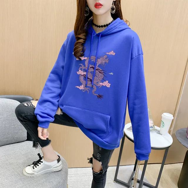 Cartoon Hooded Sweater Women Plus Velvet Dragon Print Blue - Shop at LoveMi