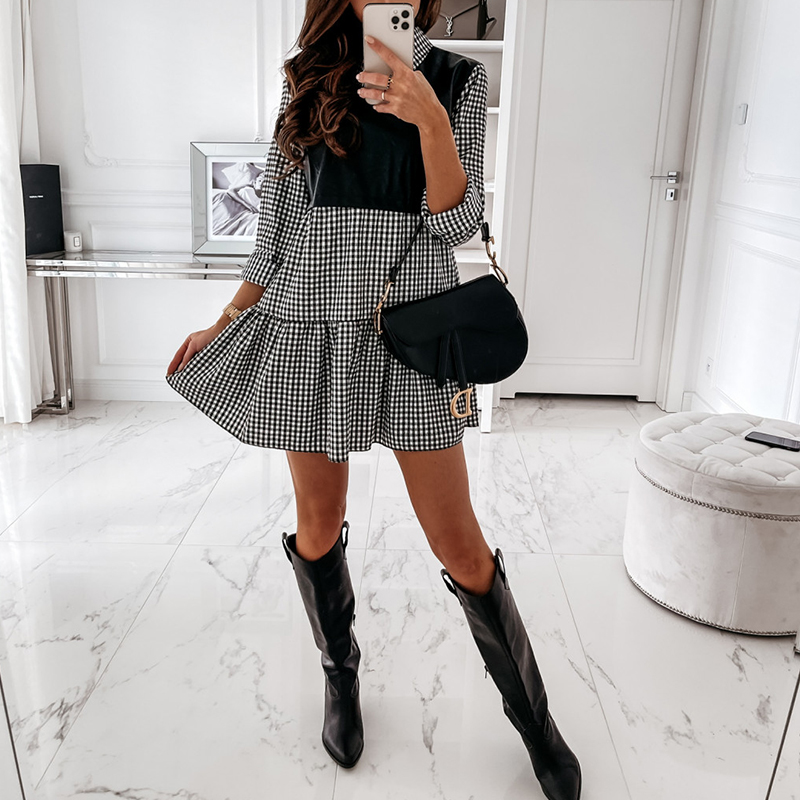 Shirt Collar Pu Leather Matching Long-Sleeve Dress