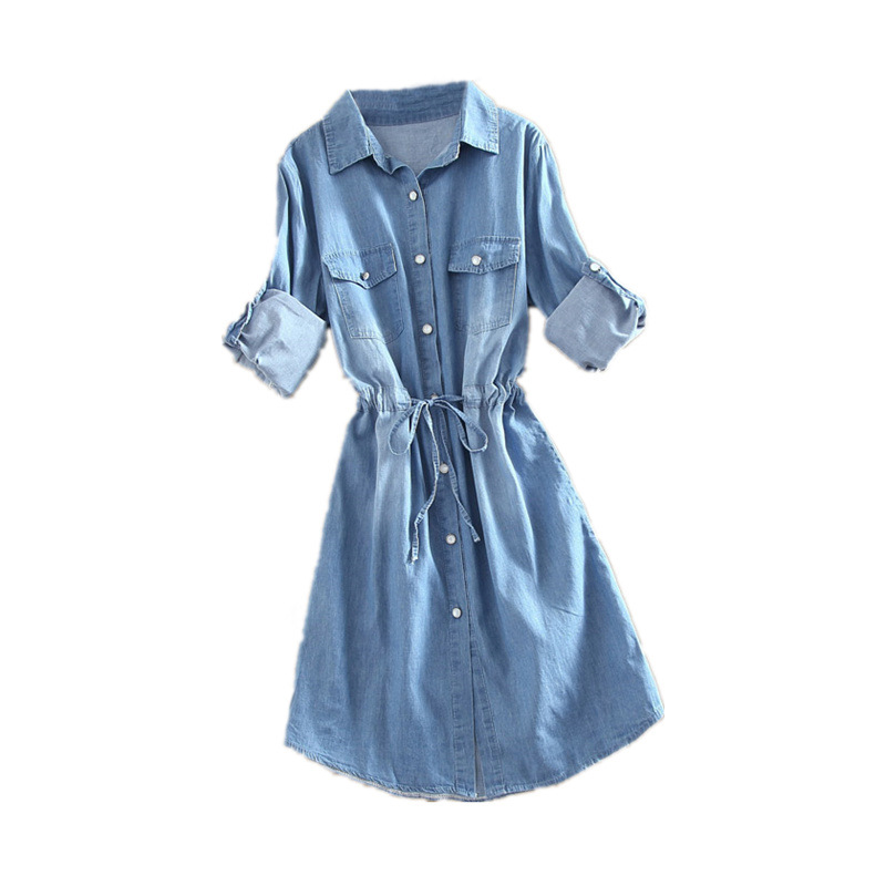 Long-Sleeved Shirt Denim Mid-Length Student Dress