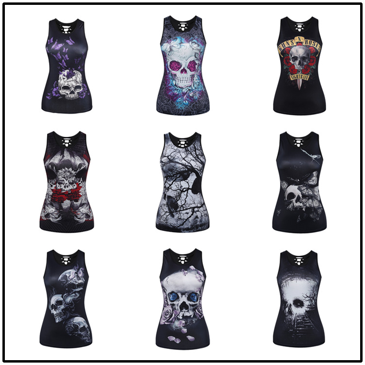 Sleeveless Skull Digital Print Sexy Slim Vest