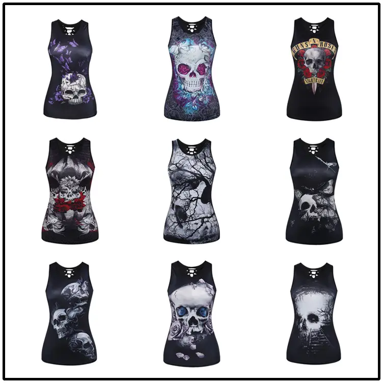 Sleeveless Skull Digital Print Sexy Slim Vest