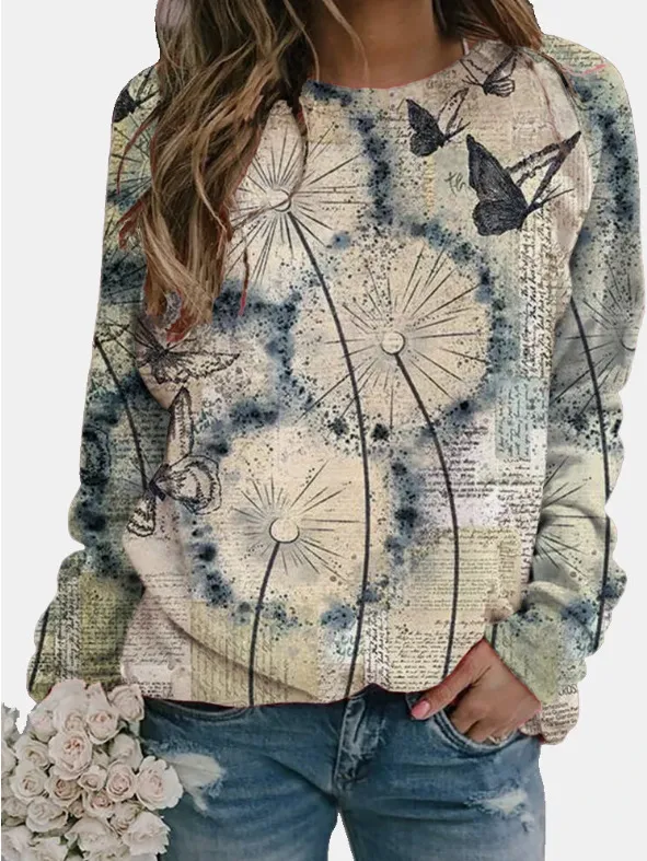 Dandelion Print Long Sleeve O Neck Ladies T shirt 6Photo Color - Shop at LoveMi