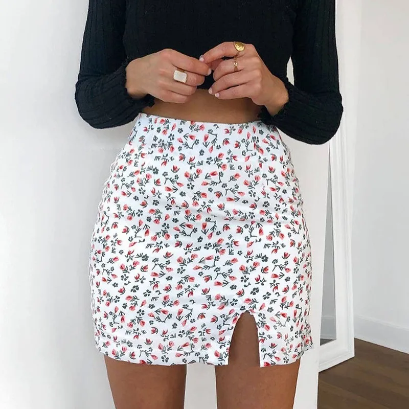 Unilateral Split Asymmetric Floral Short Skirt Female High-Waisted Thin A-Line Skirt - Floral
