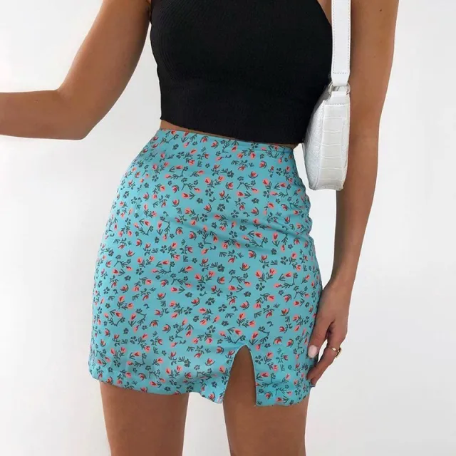 Unilateral Split Asymmetric Floral Short Skirt Female High Waisted Thin A Line Skirt Blue - Shop at LoveMi