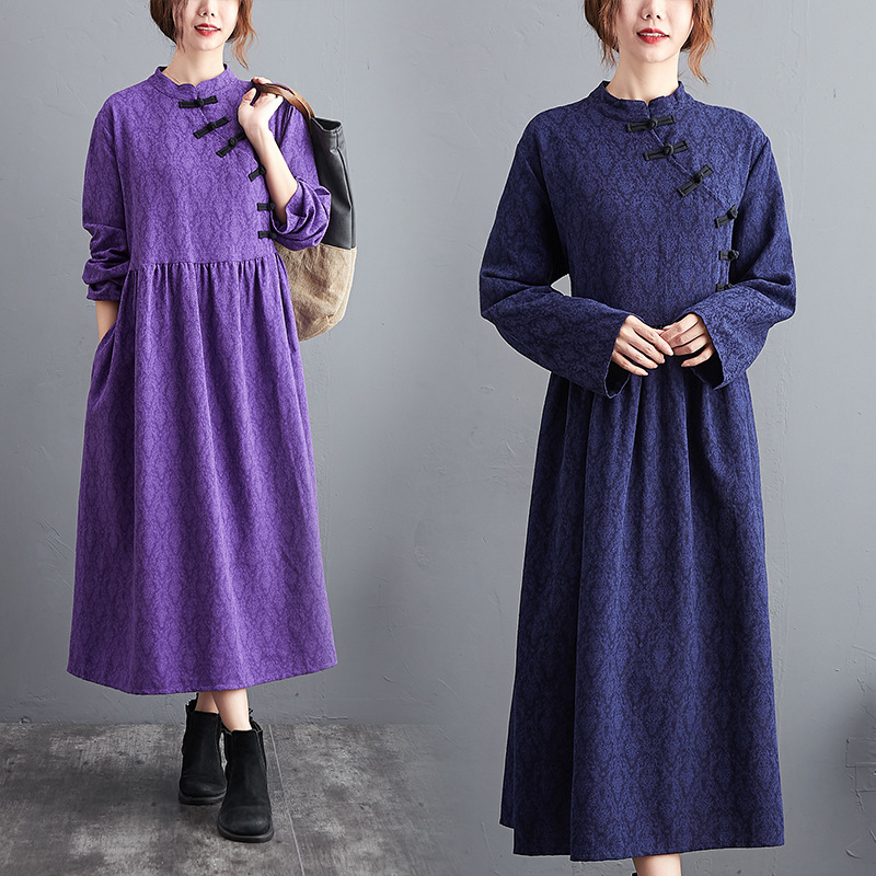 Stand-Up Collar Linen Cotton Long Skirt Large Size Disc Button Long Sleeve Dress