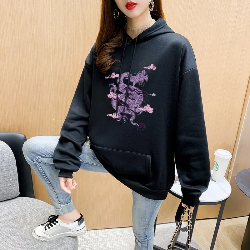 Cartoon Hooded Sweater Women Plus Velvet Dragon Print - Black