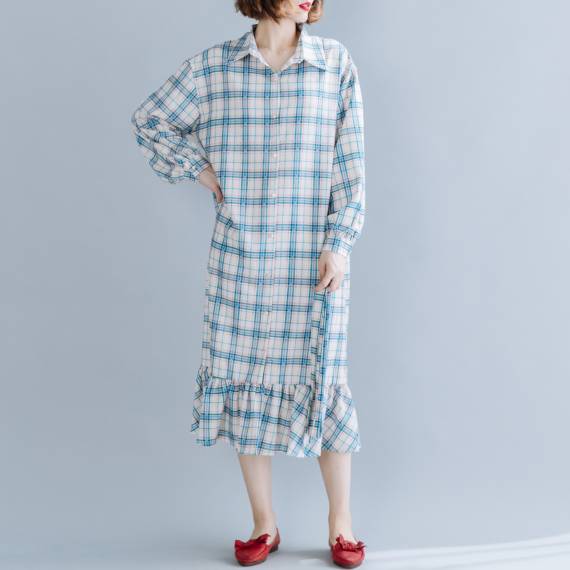 Loose Large Long Sleeve Shirt Medium Length Fishtail Dress