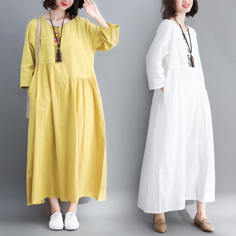 Cotton And Linen Dress Women Spring And Summer New Loose Pullover Robe
